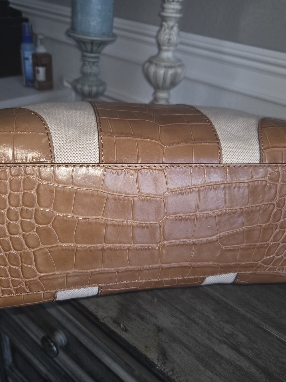 Michael Kors Tan Croc-Accent Canvas Tote Bag Perfect For A Laptop. - Picture 6 of 15